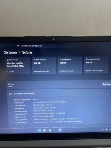Notebook Lenovo i3 12a Geração, 12GB de RAM, SSD 237GB