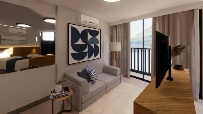 Studio mobiliado à venda na Barra da Tijuca, próximo à Av. Lúcio Costa, com lazer completo