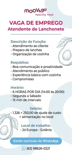 Atendente Lanchonete Saudável - 6horas/dia