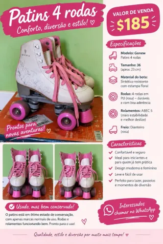 ? PATINS 4 RODAS GONEW - ROSA/BRANCO