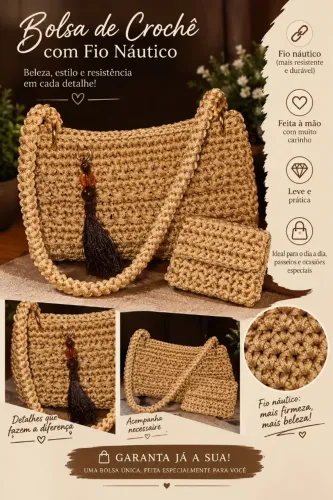 Linda bolsa de crochê em fio náutico feita a mão, um modelo exclusivo, grátis a carteira.