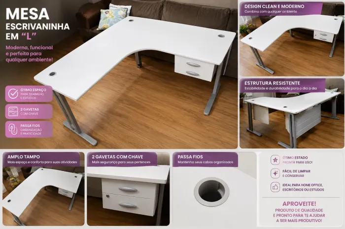 Mesa Escrivaninha em L Branca com 2 Gavetas
