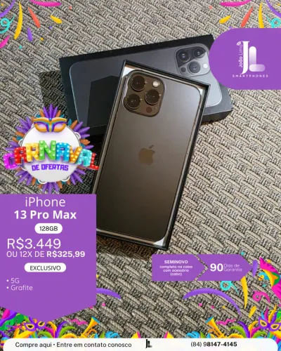 IPHONE 13 PRO MAX, 5G, 128GB, GRAFITE. SEMINOVO, EXCLUSIVO!
