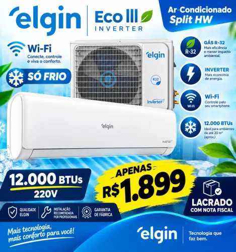 Ar-Condicionado Split HW Inverter Elgin Eco III Wi-Fi 12.000 BTUs R-32 220V LACRADO
