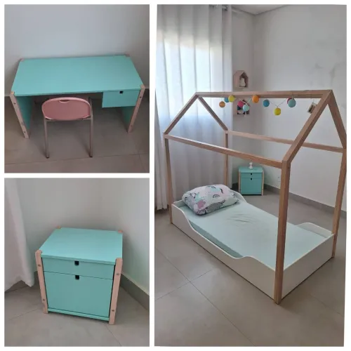 Conjunto Tokstok: cama, criado e escrivaninha
