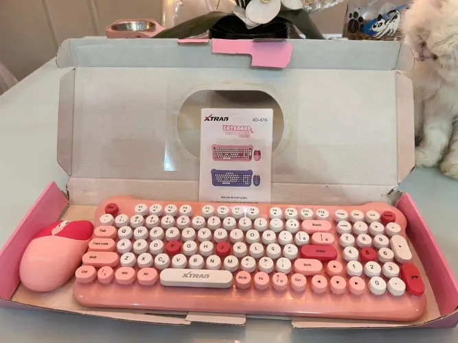 Teclado rosa com mouse