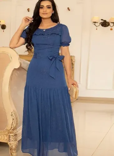 Vestido Longo no Chiffon Leve Metalizado Azul Escuro Rochedo