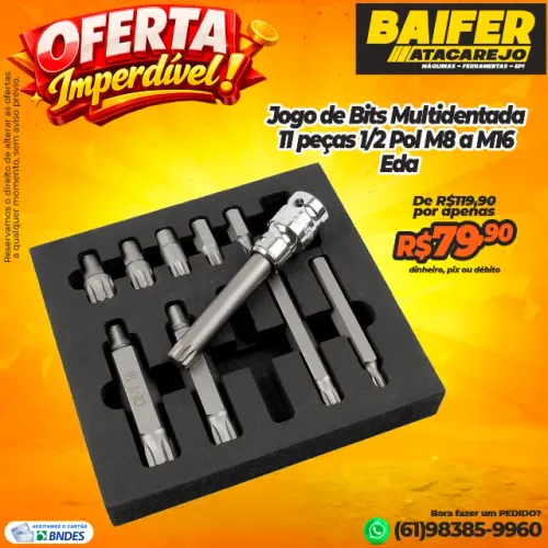 Jogo de Bits Multidentada 11 peças 1/2 Pol M8 a M16 Eda