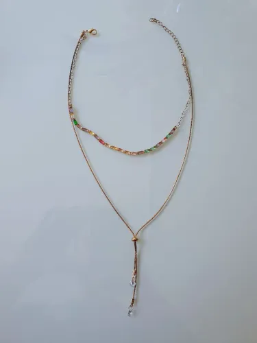 Colar Duplo Dourado com Pedras e Detalhes Delicados