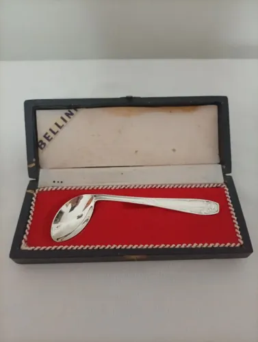 Colher Alimentação p/ Bebê Prata 90 madeira Italy Antiga 