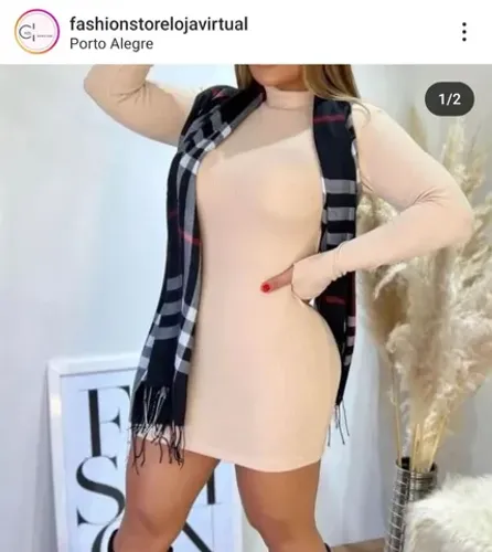 Vestido nude manga longa tecido Canelado.medio
