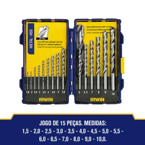 Jogo de Brocas Aço Rápido para Metais 1,5mm a 10mm 15 Peças Estojo Pro Set Irwin 1865314