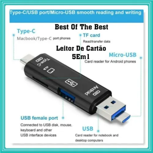Adaptador Otg Tipo-c Usb 5 Em 1 Microsd Sd Leitor De Cartão Para Celular Tablet Notebook P