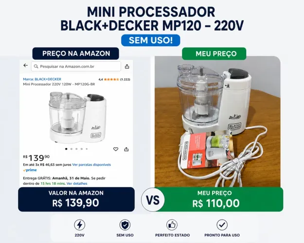 Mini Processador Black+Decker MP120 220V - Sem Uso