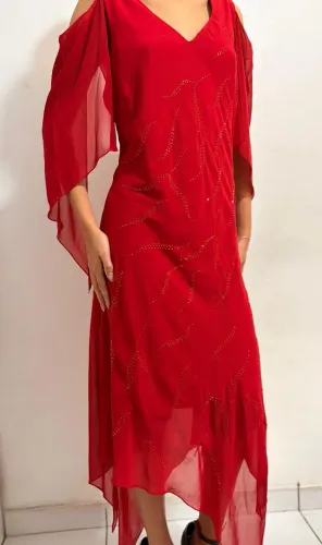 Vestido Vintage, Vermelho, Midi, Com pedrarias 