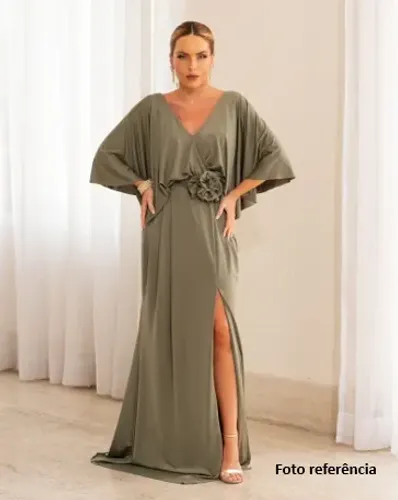 Vestido de Festa Longo com Manga Blousê e cinto Floral Verde Oliva