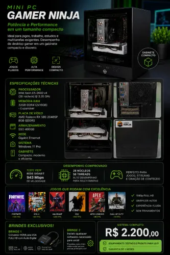 Mini PC Gamer Ninja | Xeon 28 Núcleos | RX 580 8GB | 32GB RAM | R$ 2.200
