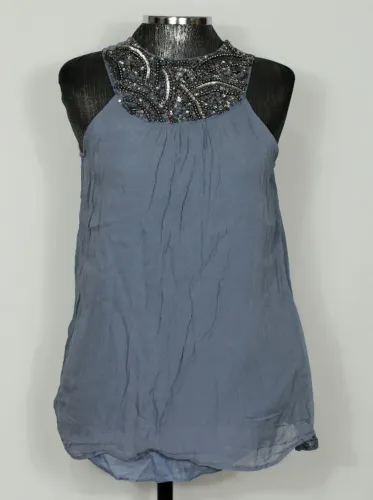 Blusa regata feminina evasê azul acizentado bordado indiano - Veste P - Ref. 5300