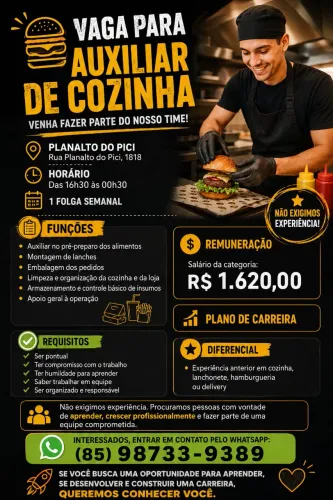 Vaga para Auxiliar de Cozinha (Não exige experiência)
