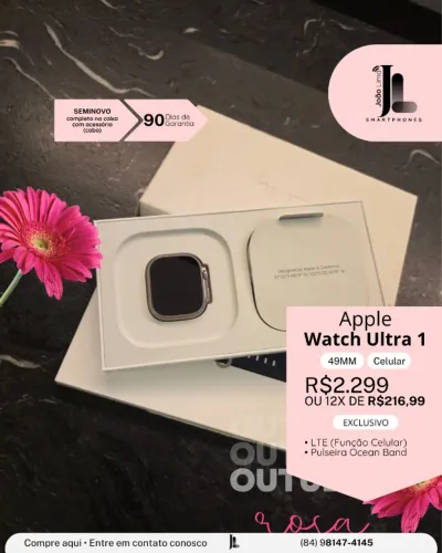 APPLE WATCH ULTRA 1, 49MM, LTE (FUNÇÃO CELULAR), PULSEIRA OCEAN BAND, SEMINOVO NA CAIXA, E