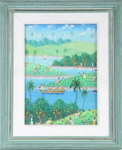 Andre Lac, "Barcos com figuras, morros e coqueiros", 1997, oleo sobre tela 27 x 33 cm