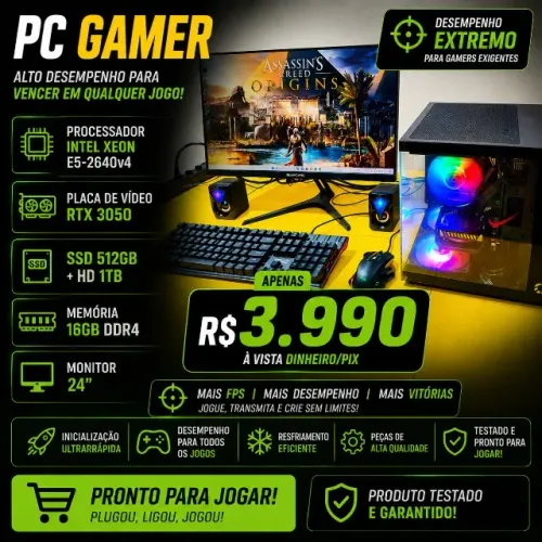 Pc Gamer Xeon e5-2640v4 Placa Vídeo RTX 3050 16gb Ram Ddr4 Ssd 512gb Hd 1Tb tela Curva 24