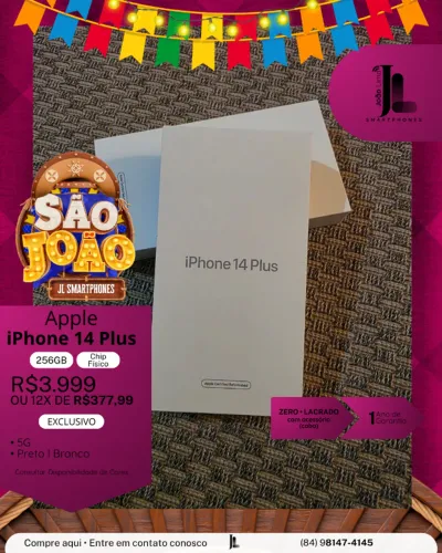 IPHONE 14 PLUS, 5G, 256GB, CHIP FÍSICO, LACRADO, EXCLUSIVO!
