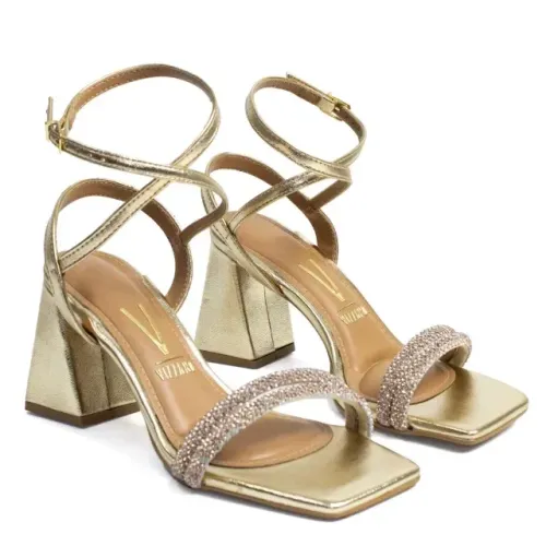 Sandália Feminina Vizzano Salto Bloco com Strass - Dourada