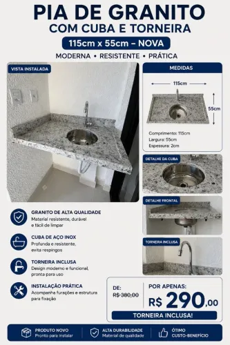 Pia de granito NOVA 1,15m x 0,55m c/ cuba inox + torneira - nunca usada