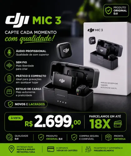 DJI Mic 3 (NOVOS) áudio superior, sem fio para maior liberdade de criaçã