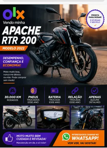 Apache RTR 200, modelo 2022, com 31.000 km rodados.