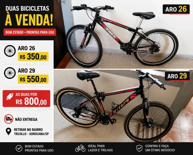 Duas bicicletas à venda - Aro 26 e Aro 29