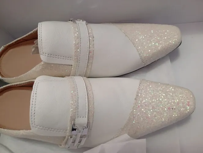 Mule babuche Masc couro legítimo branco com glitter 