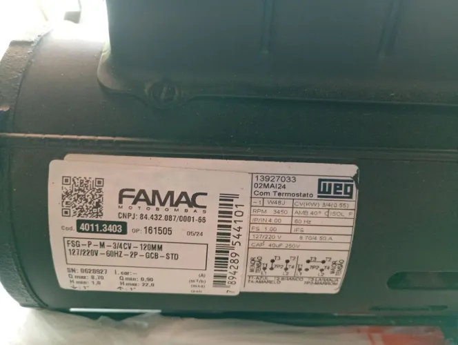 Bomba famac 3/4 CV  -120mm 127/220 70hz 2-p CCB -std 