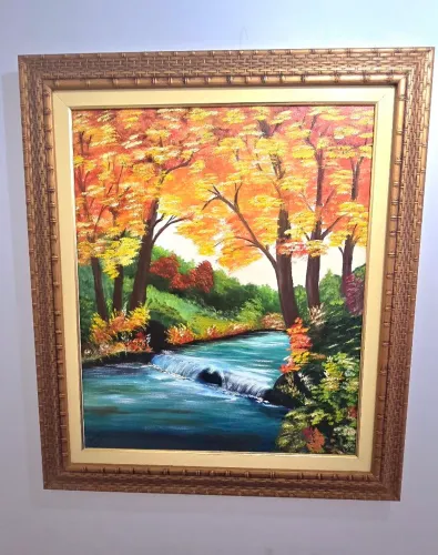 Quadro Pintura à oleo Dia no campo com moldura cor bronze