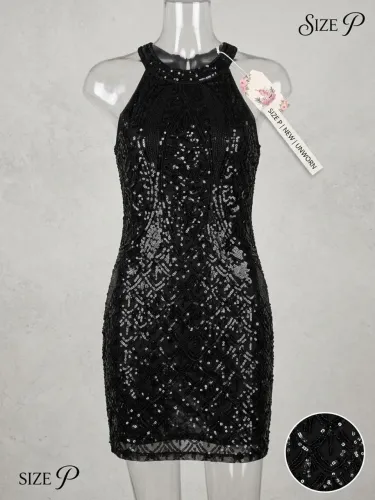 Vestido Curto Preto de Paetês e Bordados - Novo com Etiqueta (Tamanho P)