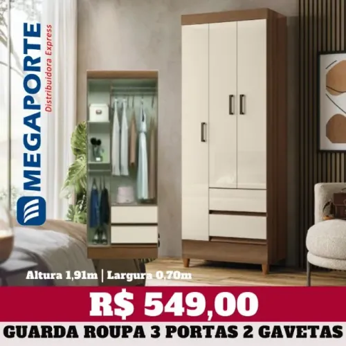Guarda Roupa Solteiro 3 Portas 2 Gavetas com Pés (Novo) Entrega Grátis!