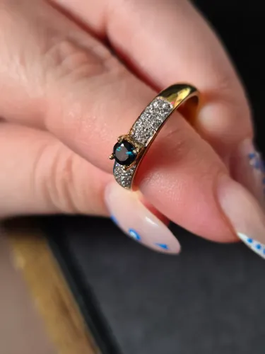 Anel ouro 18k 3.8g diamantes pedra safira azul