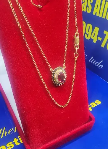 Colar Diamantes Cordão 45 Cm Fio Elos Português 1 mm Ouro 18 Kilates Pingente 13 mm x 11mm