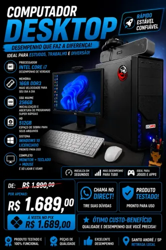 Computador Desktop Core i7 16gb DDR3, SSD NVMe 256 e um HD de 512gb - Completo