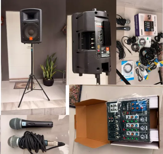 Caixa ativa JBL JS121A + mesa de som + Microfones, cabos e pedestal