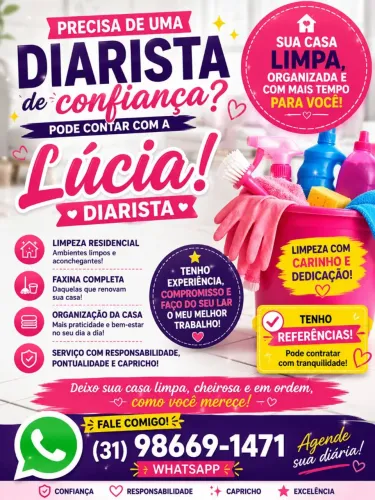 Ofereço meus serviços como diarista. Nao vou em casa de homens solteiro