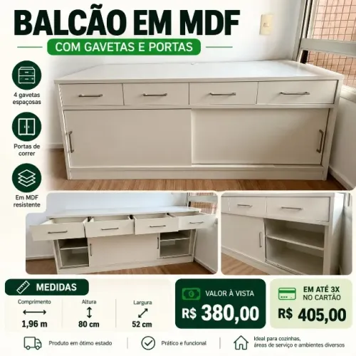 BALCÃO EM MDF BRANCO COM GAVETAS E PORTAS (C047)