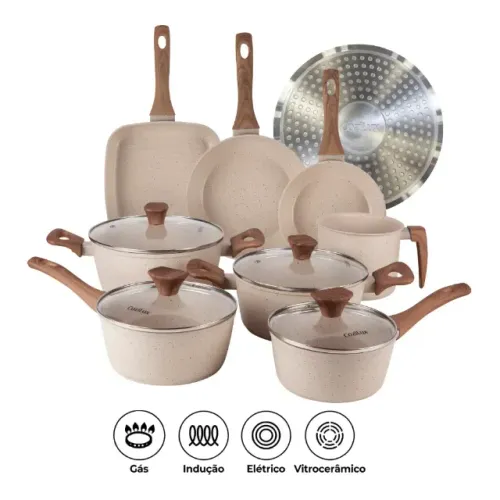Jogo de Panelas Revestimento Cerâmico Antiaderente 8 Peças Indução Cozilux Linen Ceramic