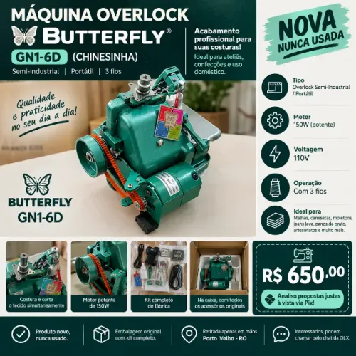 Máquina Overlock Butterfly GN1-6D (Chinesinha) 110V - NOVA, Nunca Usada