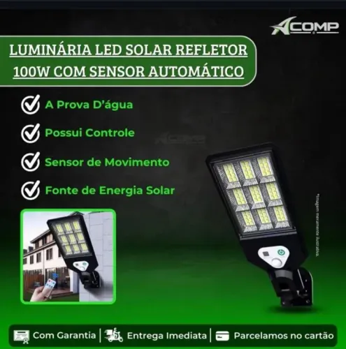 Luminária LED Solar Refletot 100W Sensor Automático