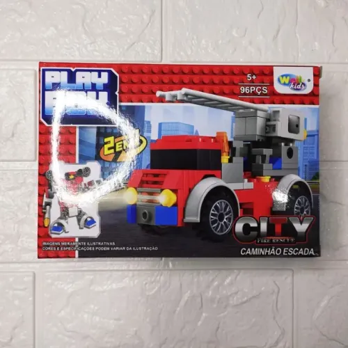 Bloco De Montar Veiculos Bombeiros Wb7713 96pçs 2em1 - Caminhão Escada
