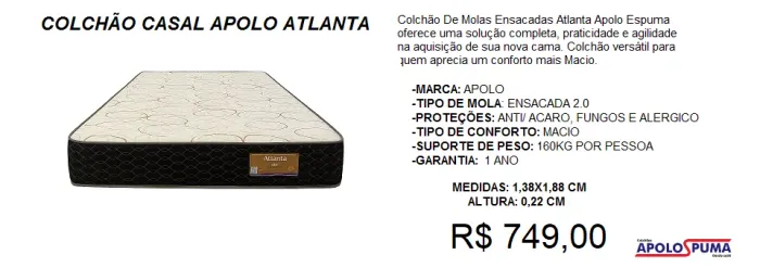 Colchão casal molas ensacadas com garantia de 1 Ano 
