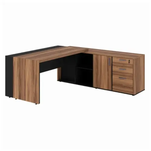 Mesa Presidente Nogal/Preto c/ Armário e Pedestal Ampla e Funcional 1,82×1,80m 20602