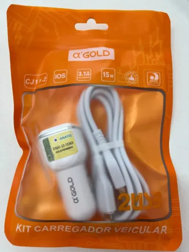 Kit Carregador Veicular IOS Iphone 2USB A'GOLD - Certificado pela ANATEL
